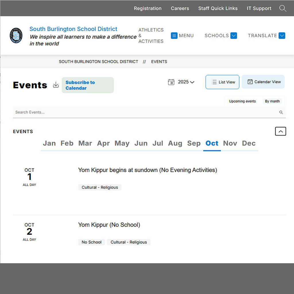 Screenshot Preview of updated South Burlington School District Digital Event Calendar System
