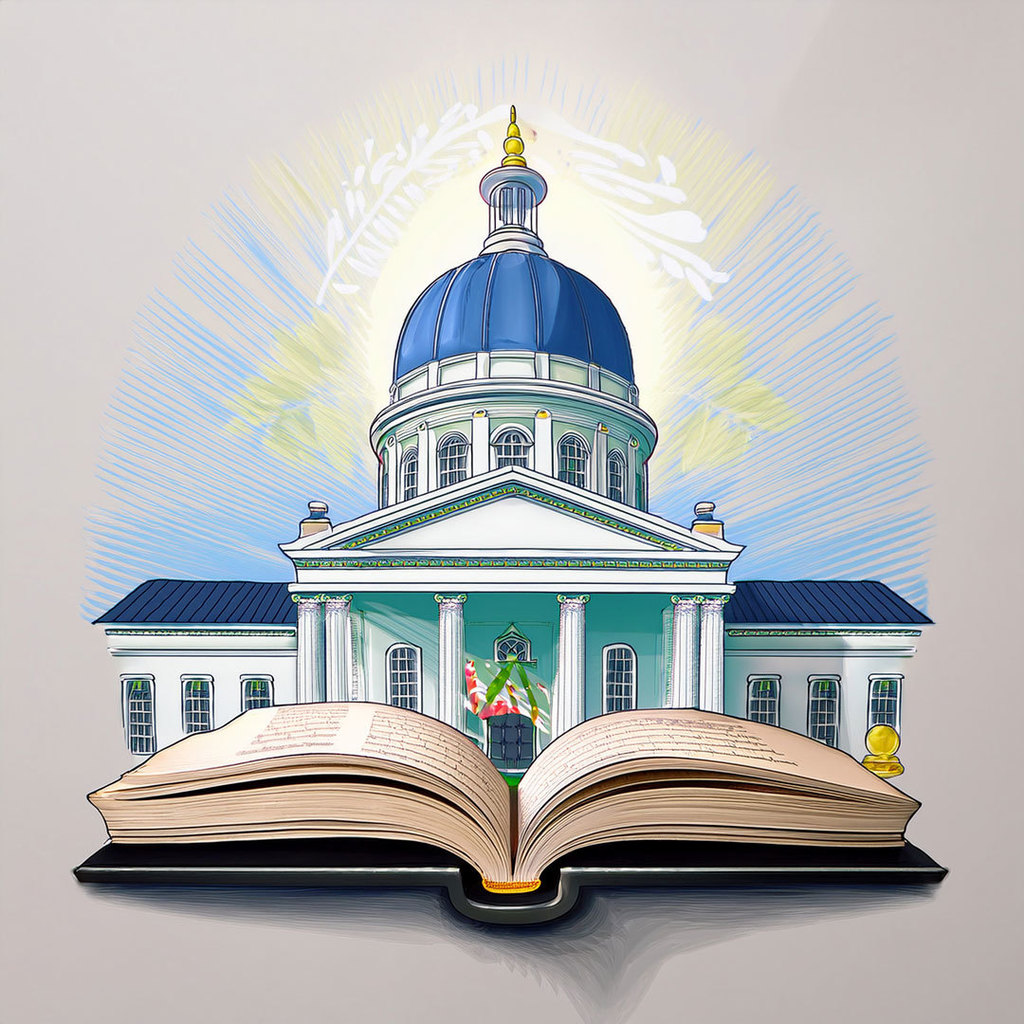 Illustration of the Vermont State House dome with an open book of law in front, symbolizing education legislation