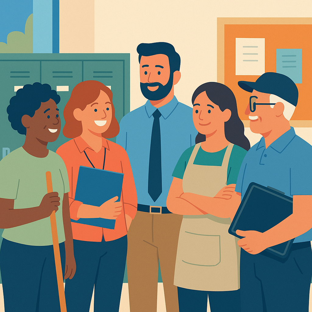 A flat shaded graphic style illustration of five diverse school workers gathered together in a group in a school hallway. The illustration is meant to support the South Burlington School Districts search for candidates for various open positions.
