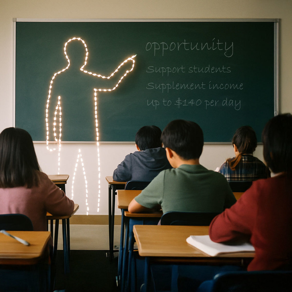 Ai photographic style of classroom full of students seated at desks with camera behind them pointed toward the front of the room where iinstead of a teacher there is a dotted white line where  a teacher should be.  The concept is to convey our search for substitute teachers.