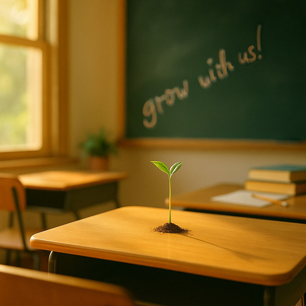 A small and young plant sprouts from a small mound of dirt on a students desk in a ambiently lit classroom.  The desks are empty. On the chalkboard in the distance it is written "grow with us!"