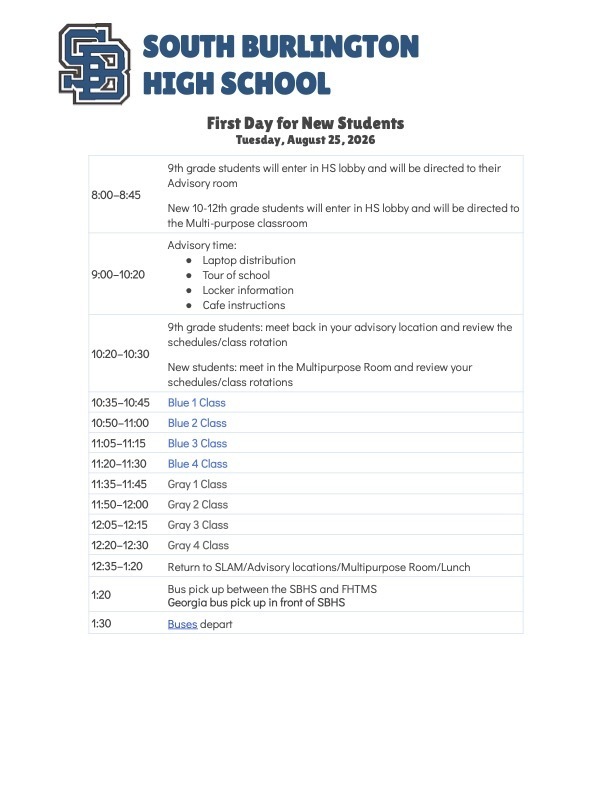 A school schedule for South Burlington High School's first day for new students, August 25, 2020, with times and activities.