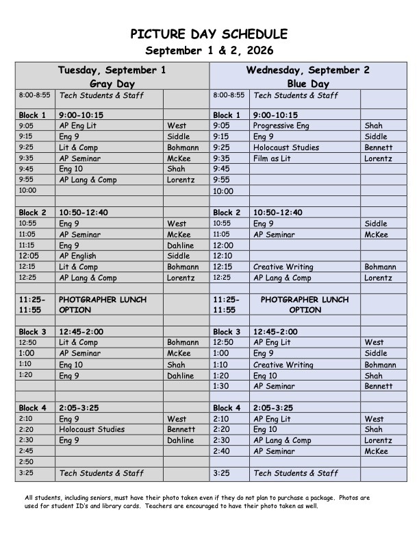 A grid with two columns titled "Picture Day Schedule" and "Tech Students & Staff." The first column has headings "Tuesday, September 1, 2026" and "Gray Day."