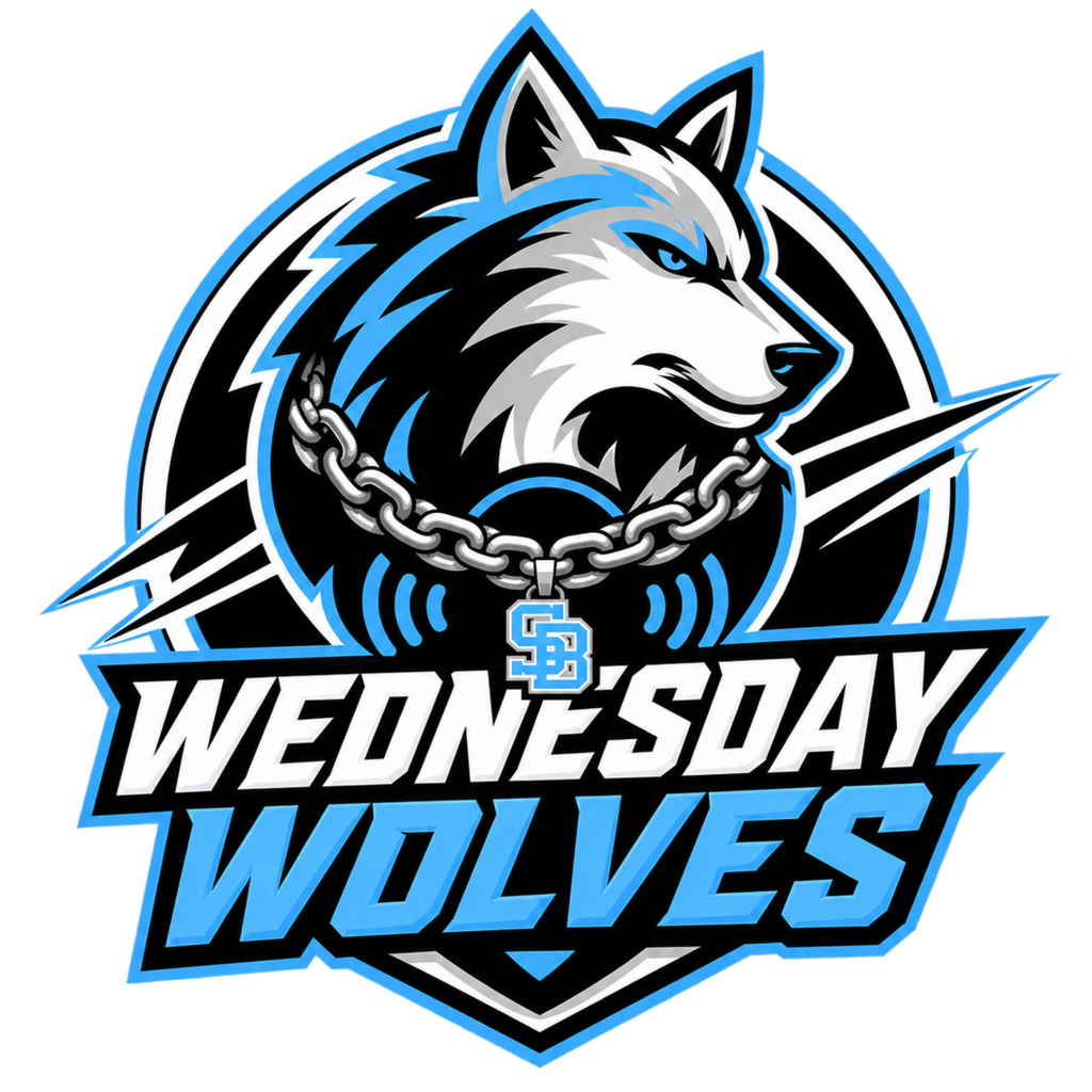 A wolf's head on a blue and black background, wearing a chain collar. The words "Wednesday Wolves" are written below.