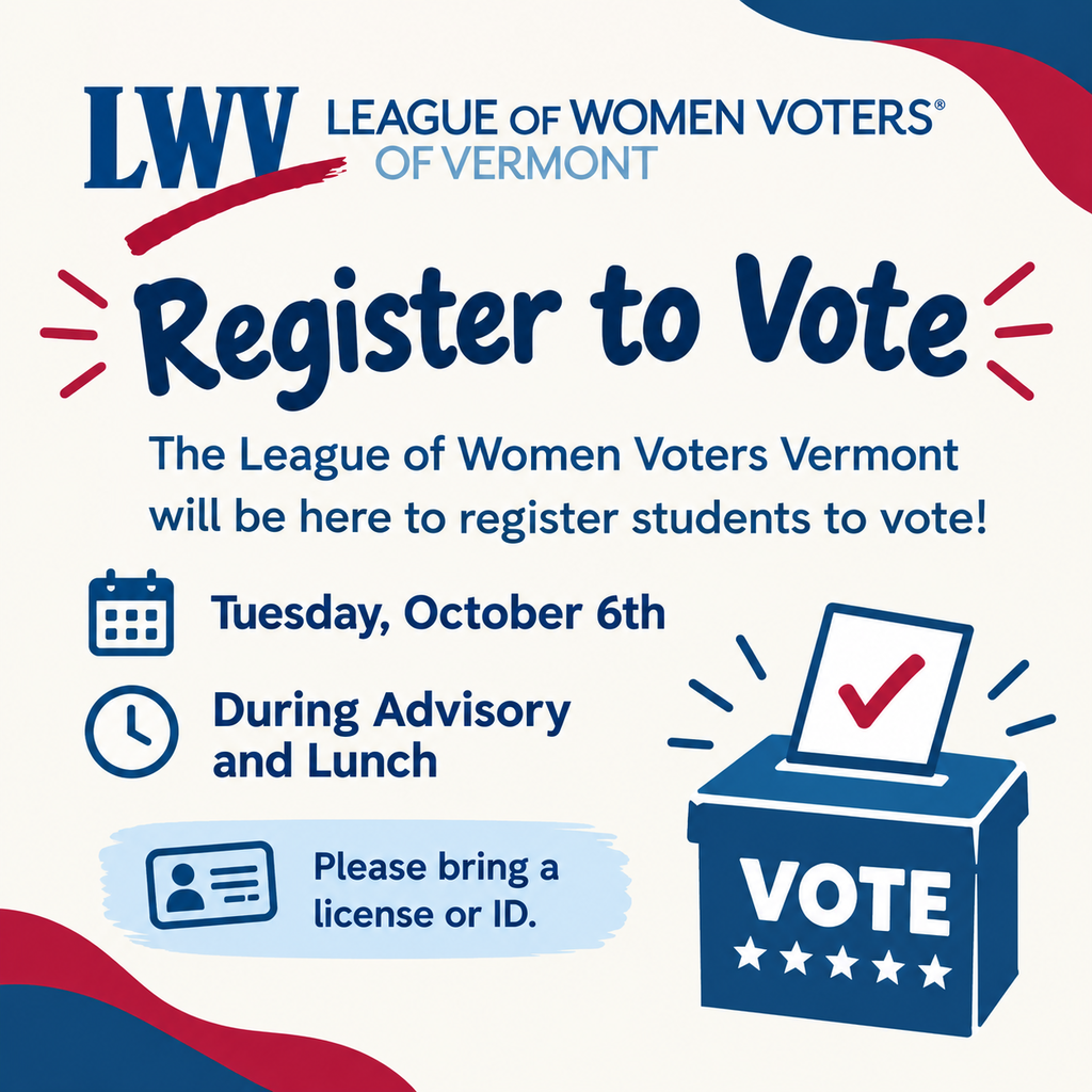 Poster with "Register to Vote" headline. Date: October 6th. Time: During advisory and lunch. Bring a license or ID.
