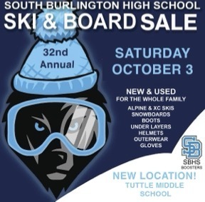 Blue background with white text. A stylized face with goggles and a blue beanie hat. Text reads: South Burlington High School Ski & Board Sale.