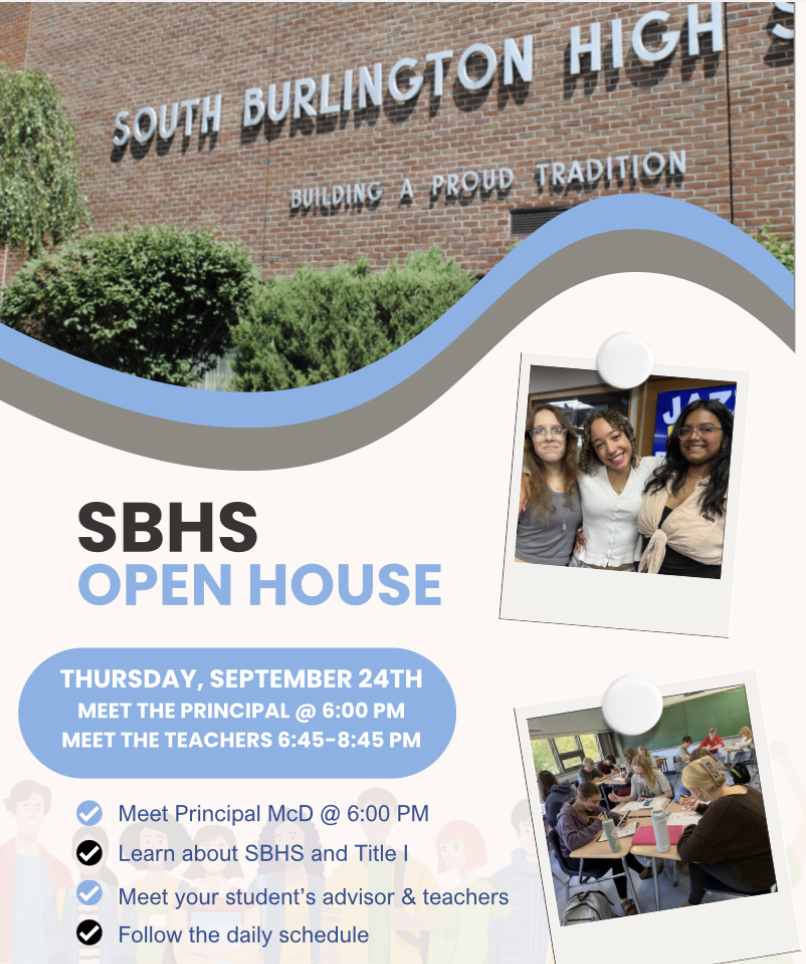 South Burlington High School flyer. A group of three women in front of a school building.