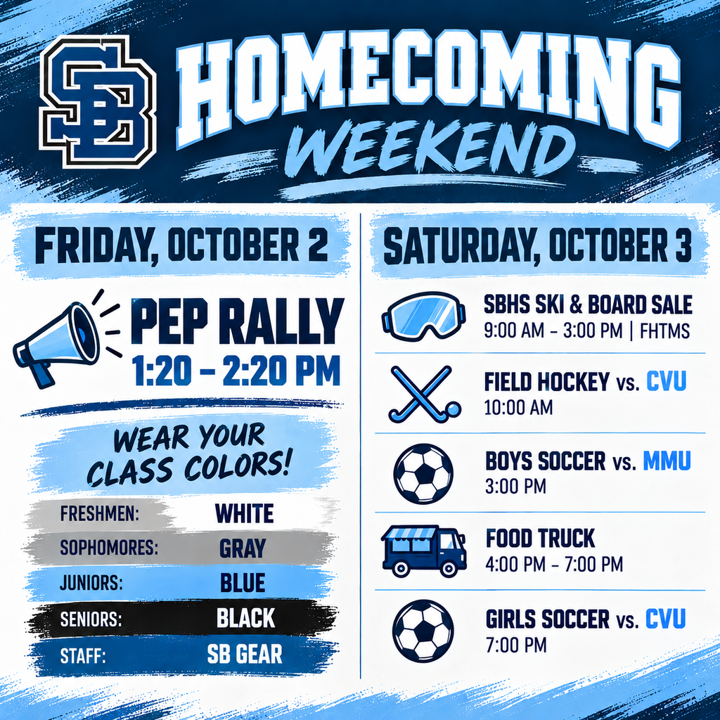 Blue and white poster for Homecoming Weekend, with events listed for October 2 and 3, including pep rally, sports matches, and food truck.