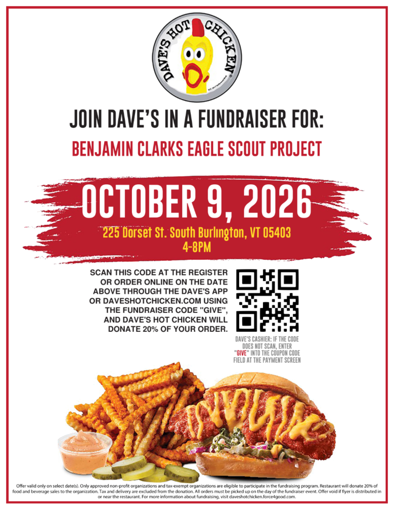 A poster with a red background displays a fundraiser for Benjamin Clark's Eagle Scout project. It features a QR code and details of the event.