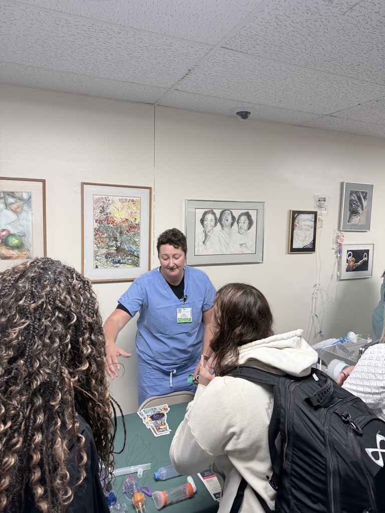 A room with a woman in blue scrubs standing and speaking to others. A table with items on it. Framed pictures on the wall.