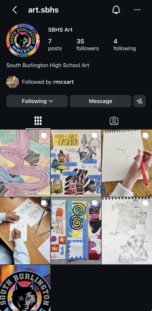 A collage of six art pieces. The pieces are drawings of abstract designs, a fashion design, and a sketch.
