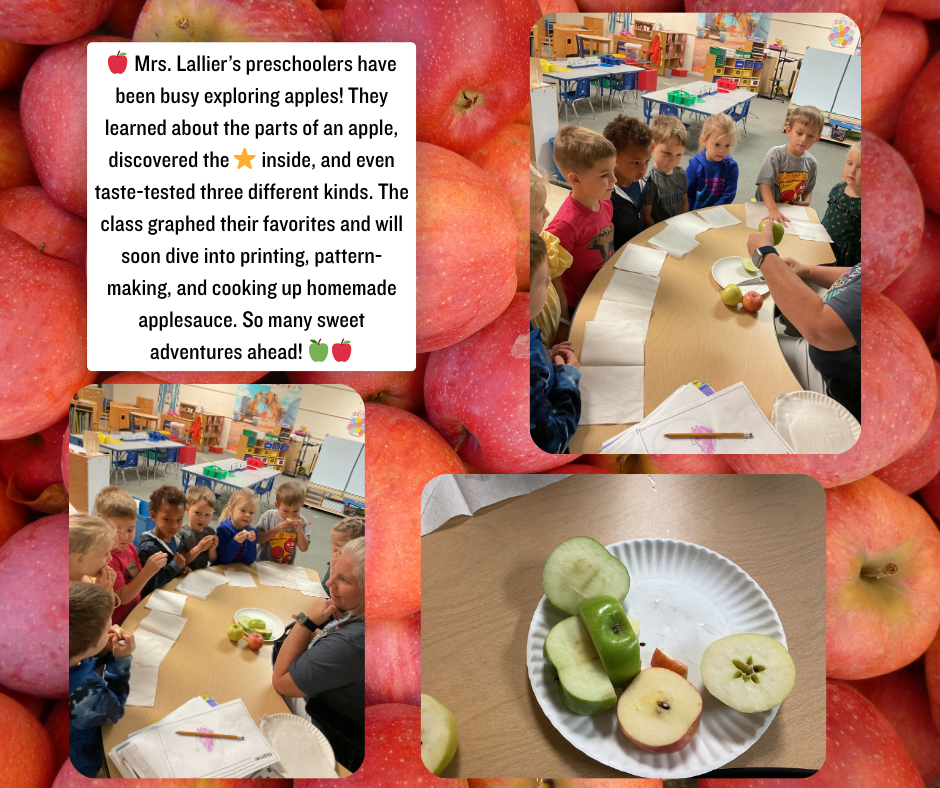 Mrs. Lallier's preschoolers have been busy exploring apples! They learned about the parts of an apple, discovered the star inside, and even taste-tested three different kinds. The class graphed their favorites and will soon dive into printing, pattern-making, and cooking up homemade applesauce. So many sweet adventures ahead!