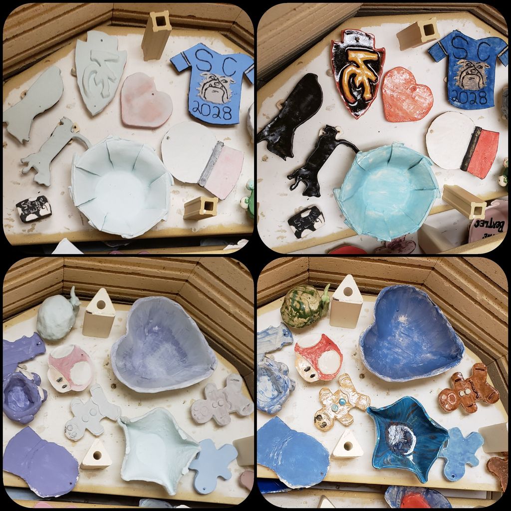 A photo of ceramic artwork before and after firing in a kiln.