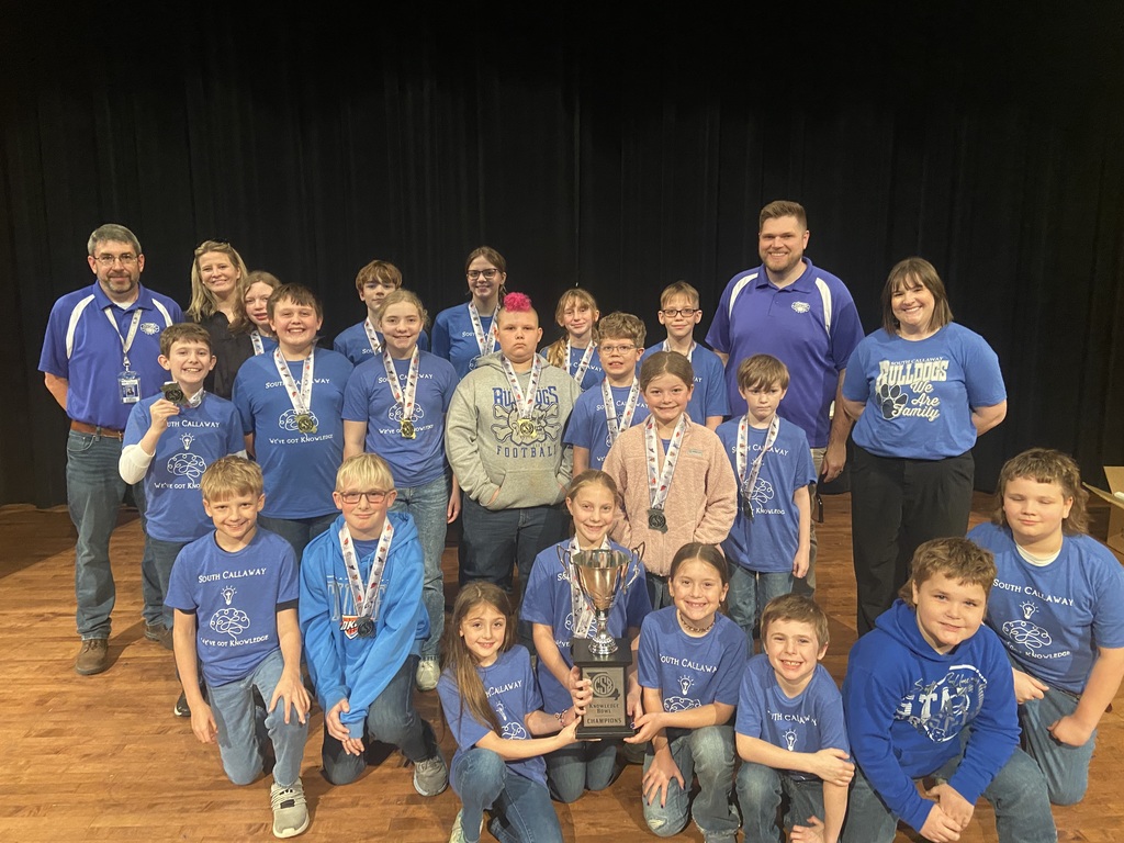 Wednesday Elementary students competed in the Central State 8 Knowledge Bowl held at Lincoln University. Students in grades 3-6 went head to head with 7 other conference schools. At the end of the day our South Callaway Bulldogs came home with the first place trophy! Congratulations to all students and coaches. It's a Great Day to be a Bulldog!