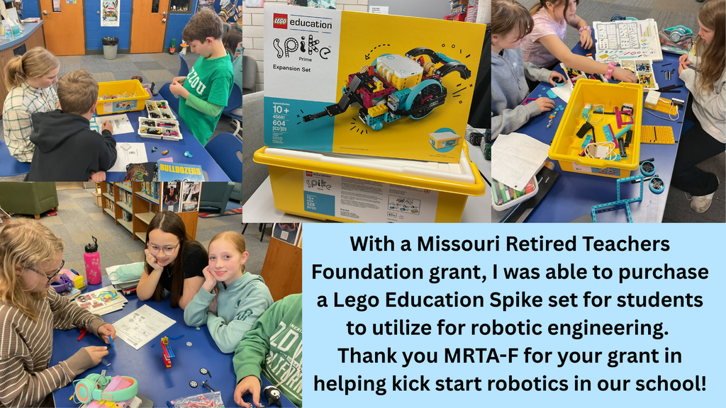 With a Missouri Retired Teachers Foundation grant, I was able to purchase a Lego Education Spike set for students to utilize for robotic engineering. Thank you MRTA-F for your grant in helping kick start robotics in our school! @mrtassociation