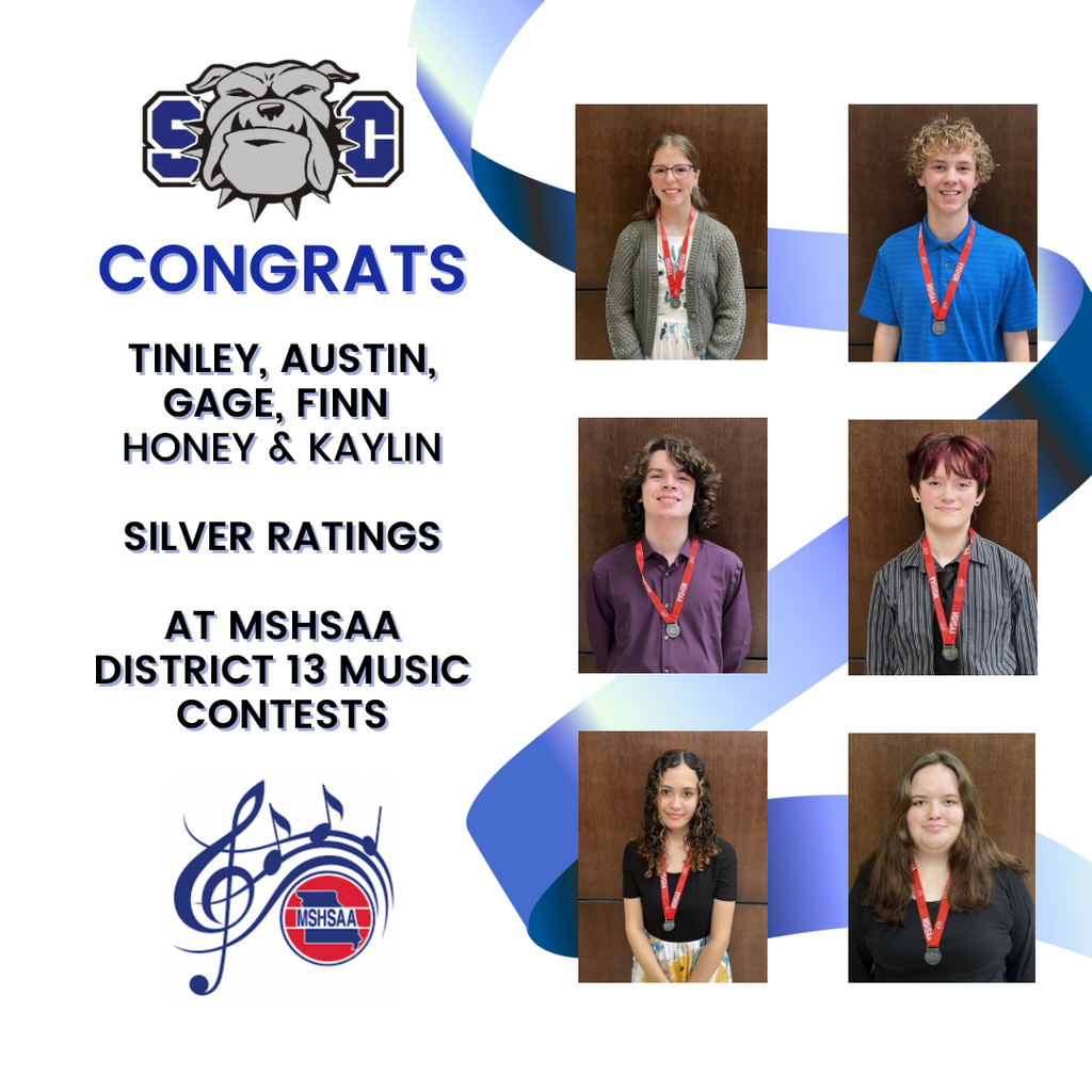 Congratulations to Tinley A. (Clarinet), Austin D. (Tenor Sax), Gage N. (Trombone), Finn W. (Vocal), Honey P. (Vocal) and Kaylin B. (Vocal) on achieving Silver Ratings on their Solos at MSHSAA District 13 Music Contests on Saturday March 21 at Osage High School.