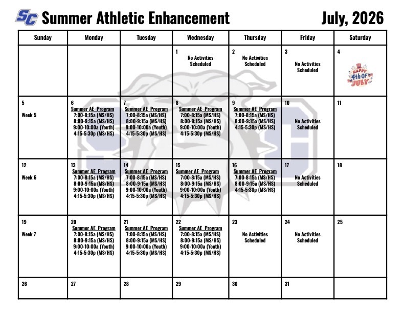 SC Summer Athletic Enhancement Calendar for July 2026