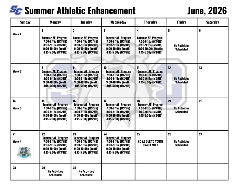 SC Summer Athletic Enhancement Calendar for June 2026