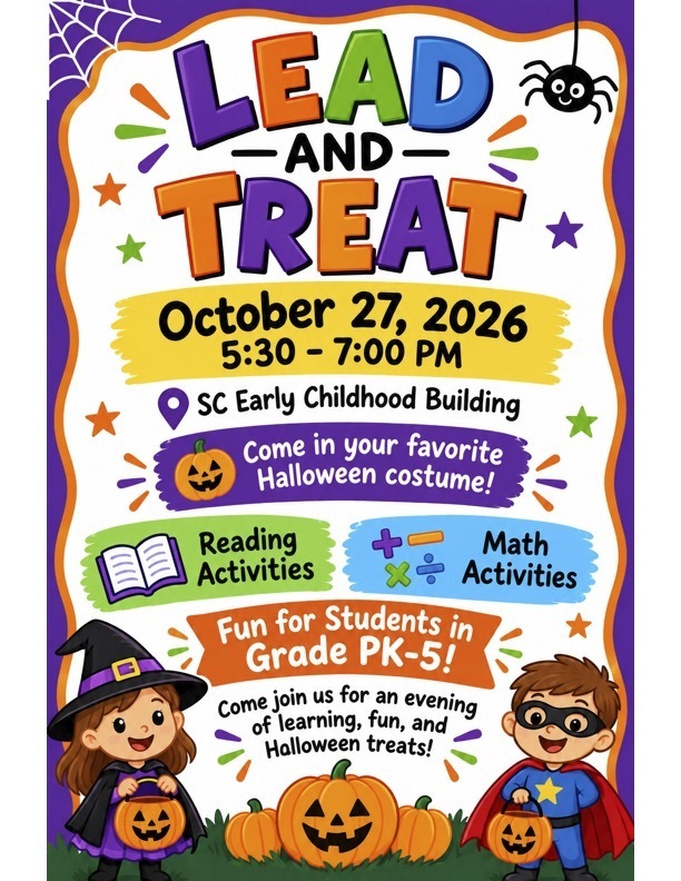 LEAD FOOD AND TREAT October 27, 2026 5:30 - 7:00 PM SC Early Childhood Building Come in your favorite Halloween costume! Reading Activities, Math Activities. Fun for Students in Grade PK-5! Come join us for an evening of learning, fun, and Halloween treats!