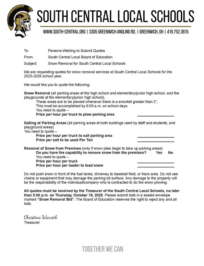 snow plow bid paperwork