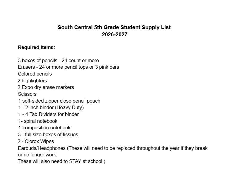 5th grade school supply list