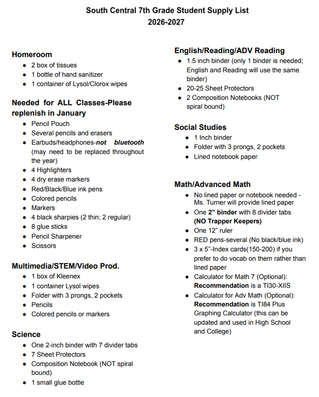 7th grade school supply list