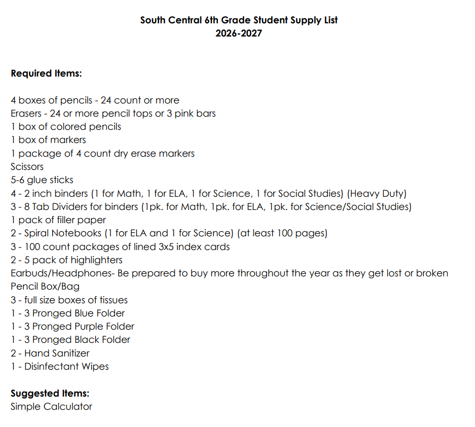 6th grade school supply list