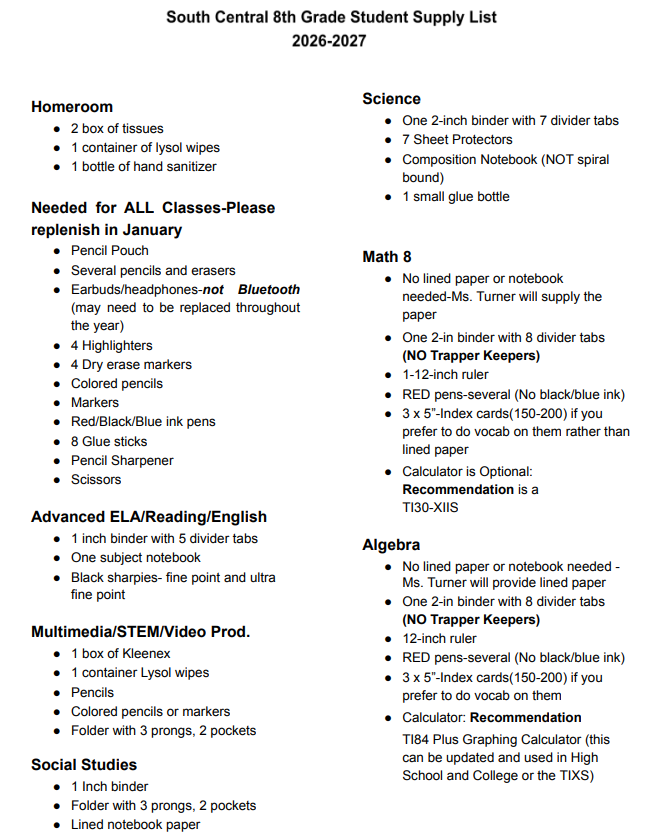 8th grade school supply list