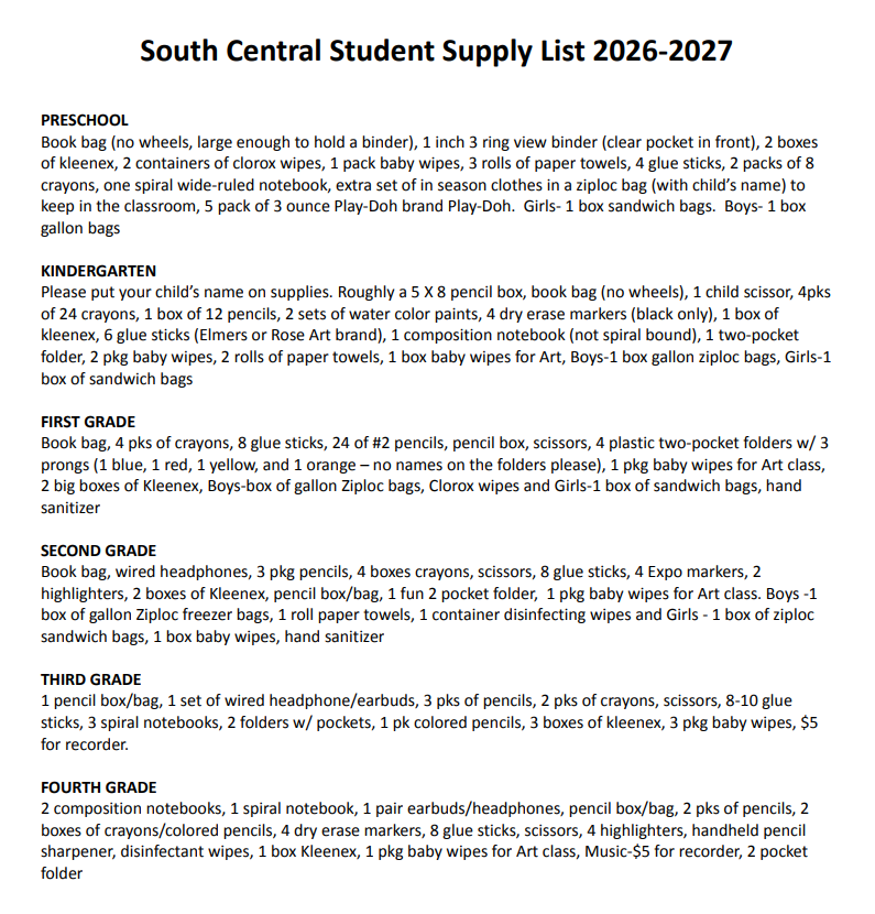 Elementary school supply list