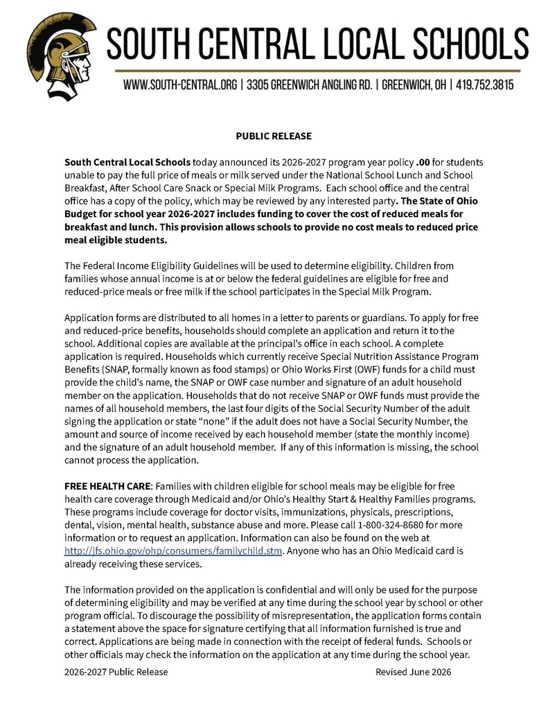 South Central Free and Reduced Information Page 1