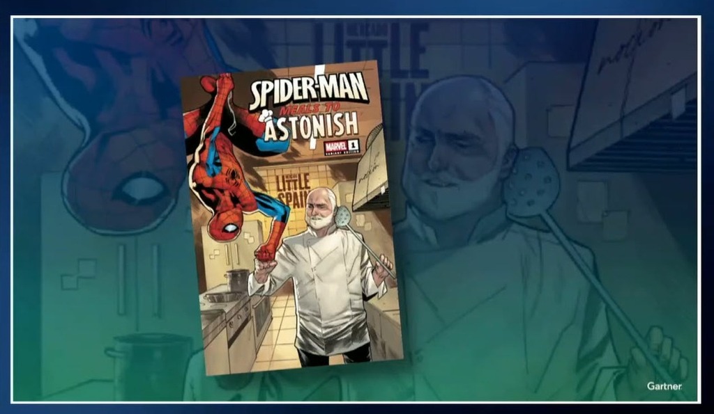 Magazine cover with spiderman hanging upside down in a kitchen with a man with a white beard wearing a white chef coat and blank pants holding a spatula near h is ear standing in a kitchen. Grill and grill hood on the right. A counter is on the left with an appliance with buttons visible below and a skillet and pot sitting on top. A cabinet with notes on it is in the background. Spiderman meals to Astonish Marvel 1 Little Spain. The Marvel image is displayed. A chef's hat is sitting on the "a" in astonish. Enlarged image of the magazine cover with a green overlay sits in the background of the image.