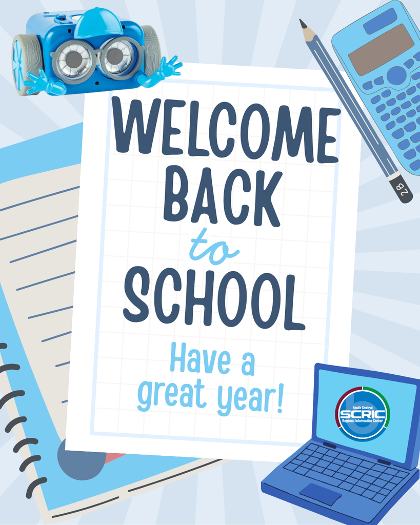 School supplies including a calculator, pencil, and laptop. An open notebook and paper. A message that reads: "Welcome back to school. Have a great year!"