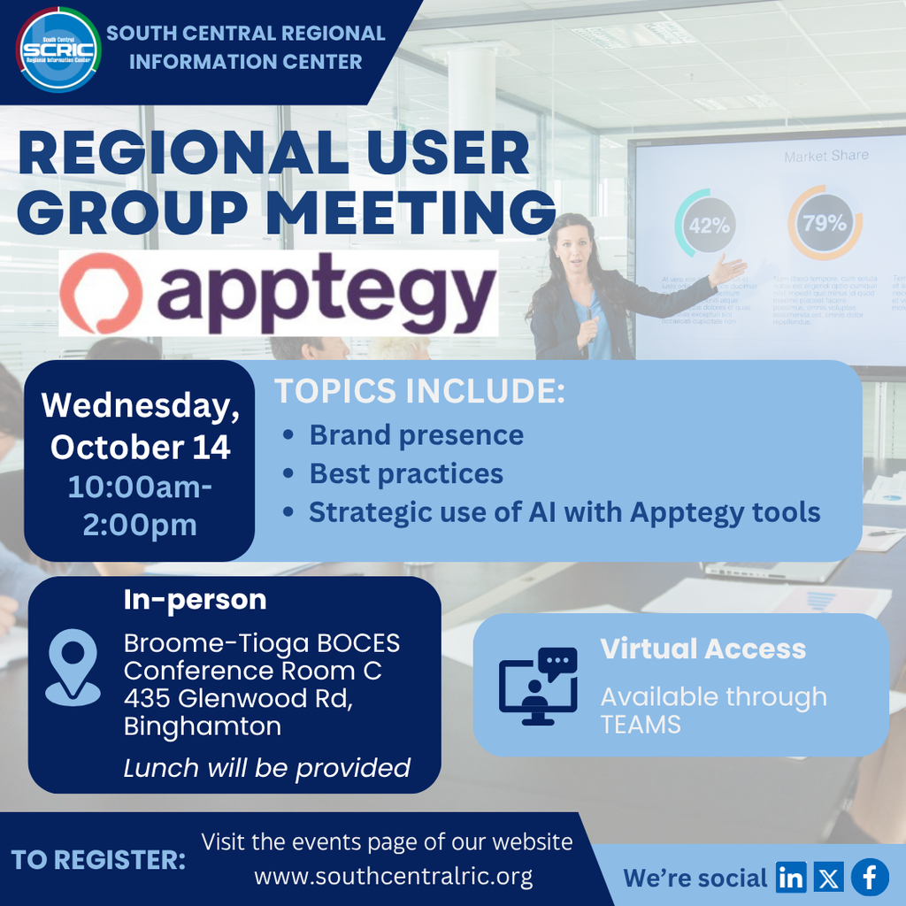 Poster for a Regional User Group Meeting on October 14 from 10:00am-2:00pm. Features a woman speaking and presenting.