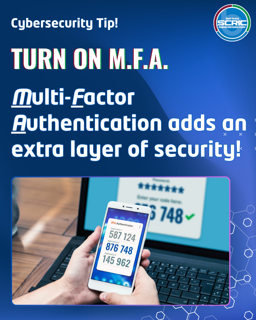 Advertisement on blue background. A phone displays a multi-factor authentication screen with numbers and a checkmark.