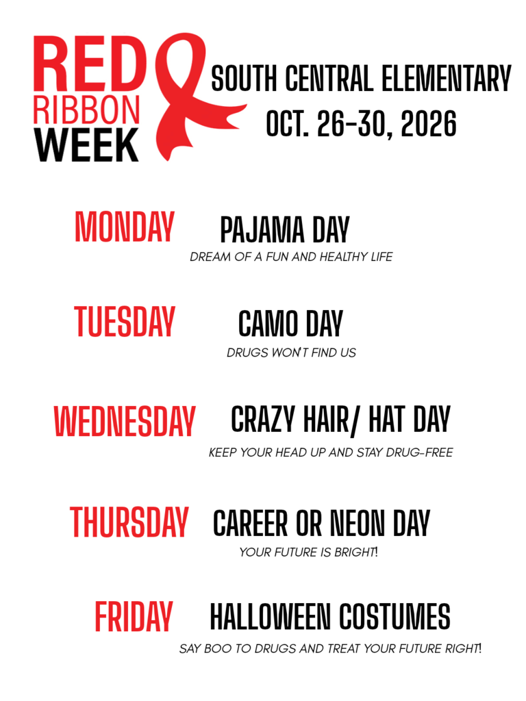 MONDAY TUESDAY WEDNESDAY THURSDAY FRIDAY PAJAMA DAY DREAM OF A FUN AND HEALTHY LIFE CAMO DAY DRUGS WON'T FIND US CRAZY HAIR/ HAT DAY KEEP YOUR HEAD UP AND STAY DRUG-FREE CAREER OR NEON DAY YOUR FUTURE IS BRIGHT! HALLOWEEN COSTUMES SAY BOO TO DRUGS AND TREAT YOUR FUTURE RIGHT!