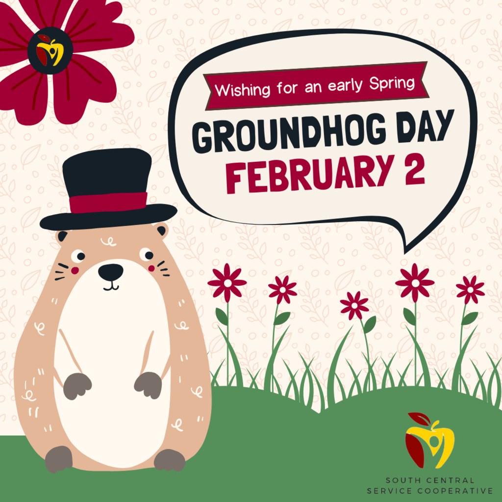 Wishing for an early spring Groundhog Day February 2. With flowers and a Groundhog wearing a hat.