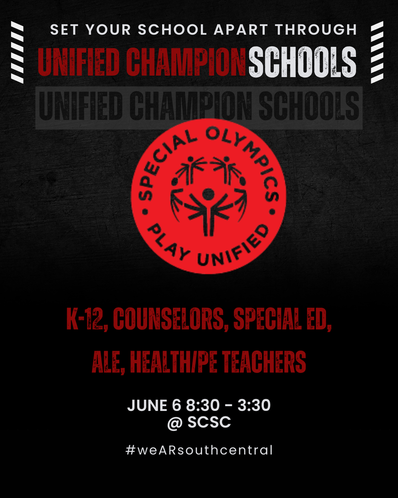 Set your school apart with Unified Champion Schools Special Olympics, Play Unified. K-12, Counselors, Special Ed, ALE, and Health & PE Teachers June 6 8:30 - 3:30 at South Central Service Cooperative