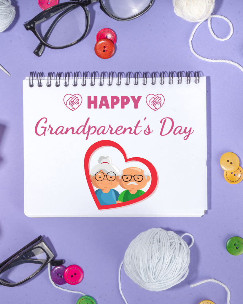 Happy Grandparents Day with glasses, yarn, buttons and cartoon grandparents in a heart.