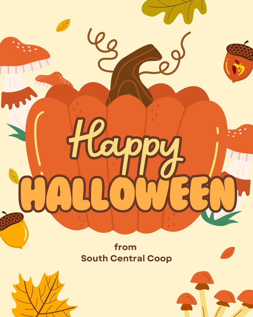 Happy Halloween from South Central Coop with pumpkins and leaves.