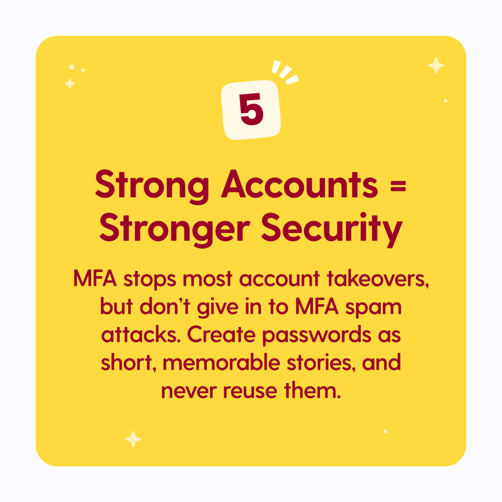 Strong Accounts = Stronger Security: MFA stops most account takeovers, but don't give in to MFA spam attacks. Create passwords as short, memorable stories, and never reuse them.