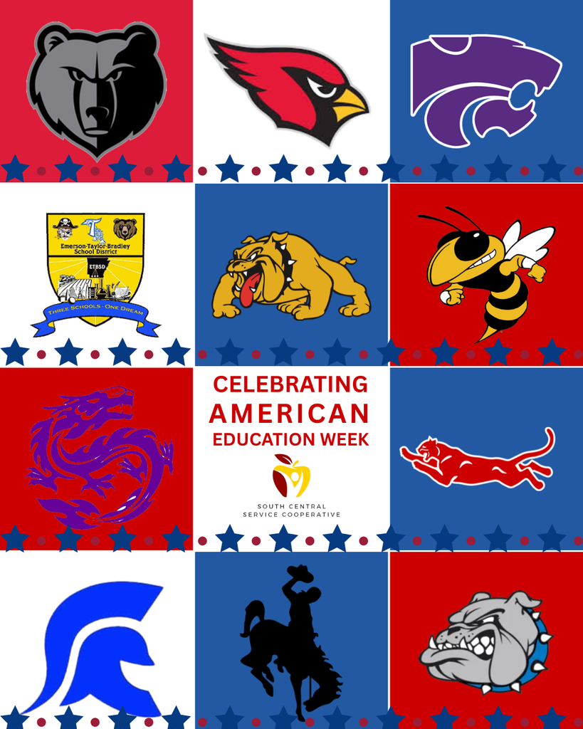School Mascots in red, white, and blue boxes with the text Celebrating American Education Week South Central Service Cooperative with stars