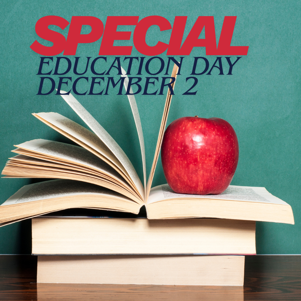 Special Education Day December 2. with books and an apple.