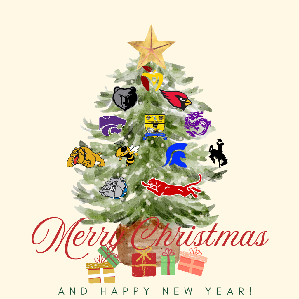 Merry Christmas and Happy New year! With a Christmas Tree, presents and school logo's