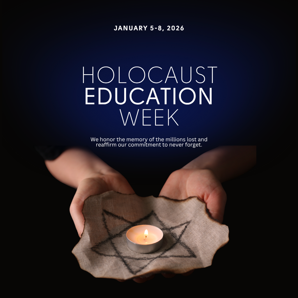 January 5-8, 2026 is Holocaust Education Week. We honor the memory of the millions lost and reaffirm our commitment to never forget. With Hands, a candle, and a jewish star on a cloth.