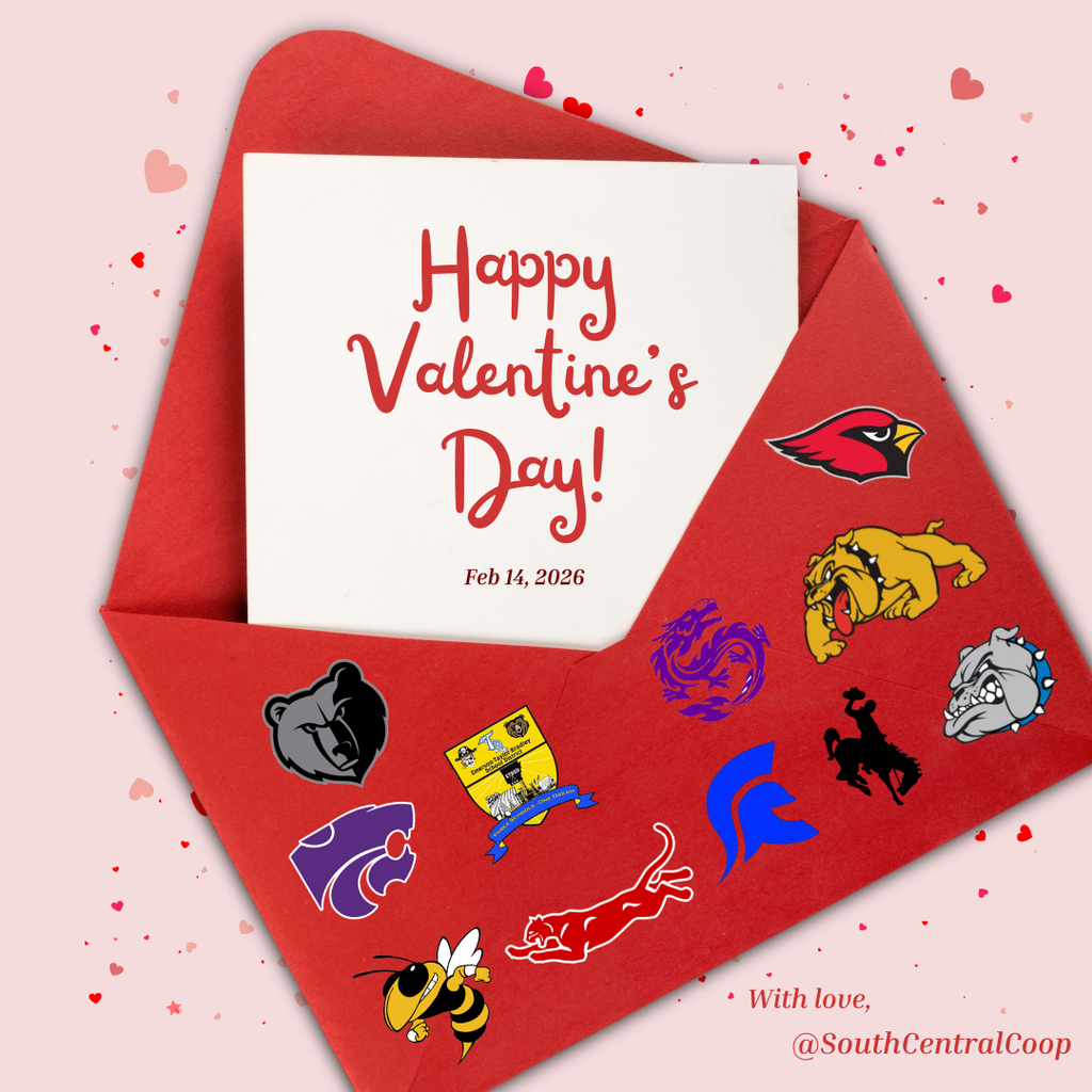 Happy Valentines Day, February 14, 2026 With Love @southcentralcoop with school mascots