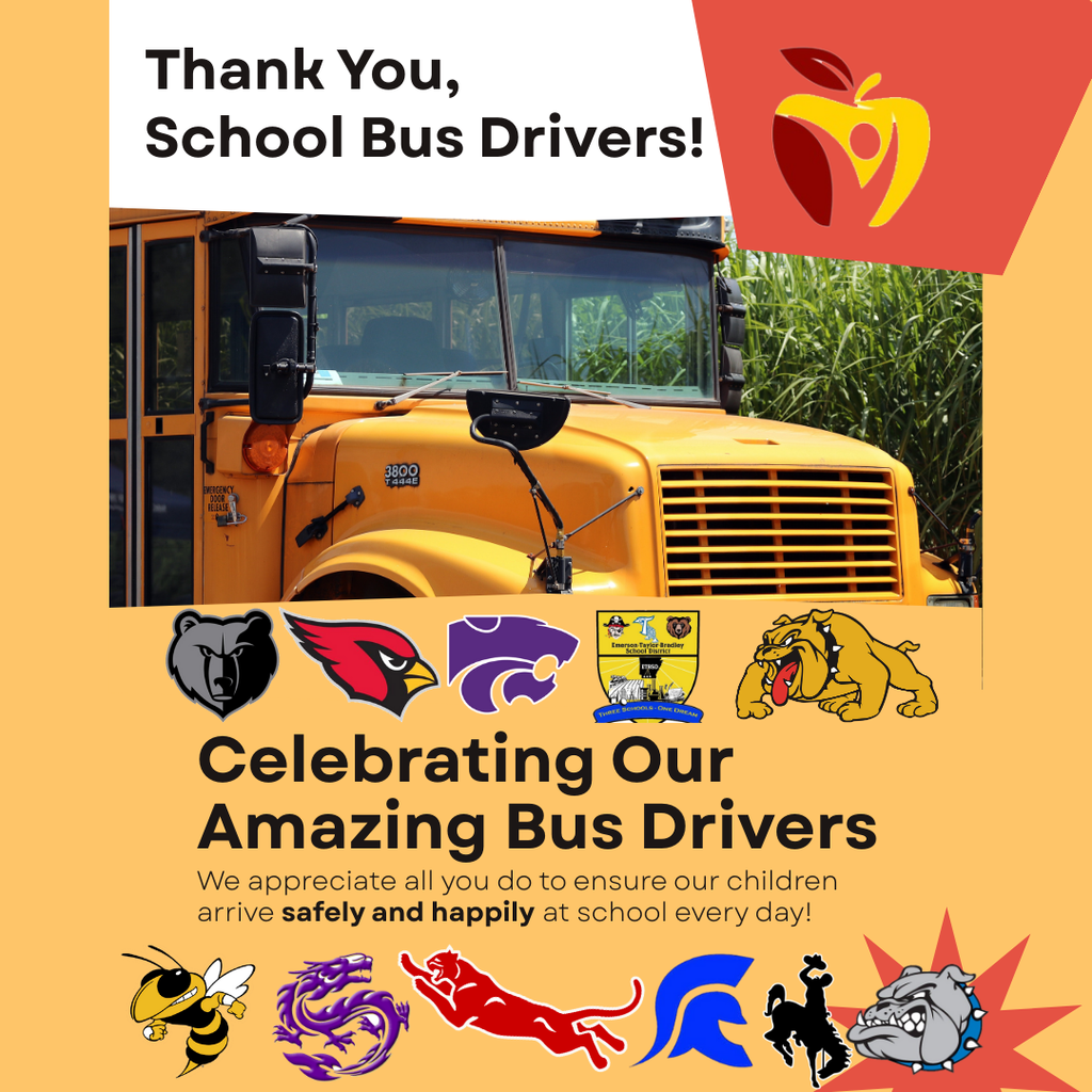 Thank you school bus drivers. Celebrating our amazing bus drivers. We appreciate all you do to ensure our children arrive safely and happily at school every day. With school mascots and a bus.