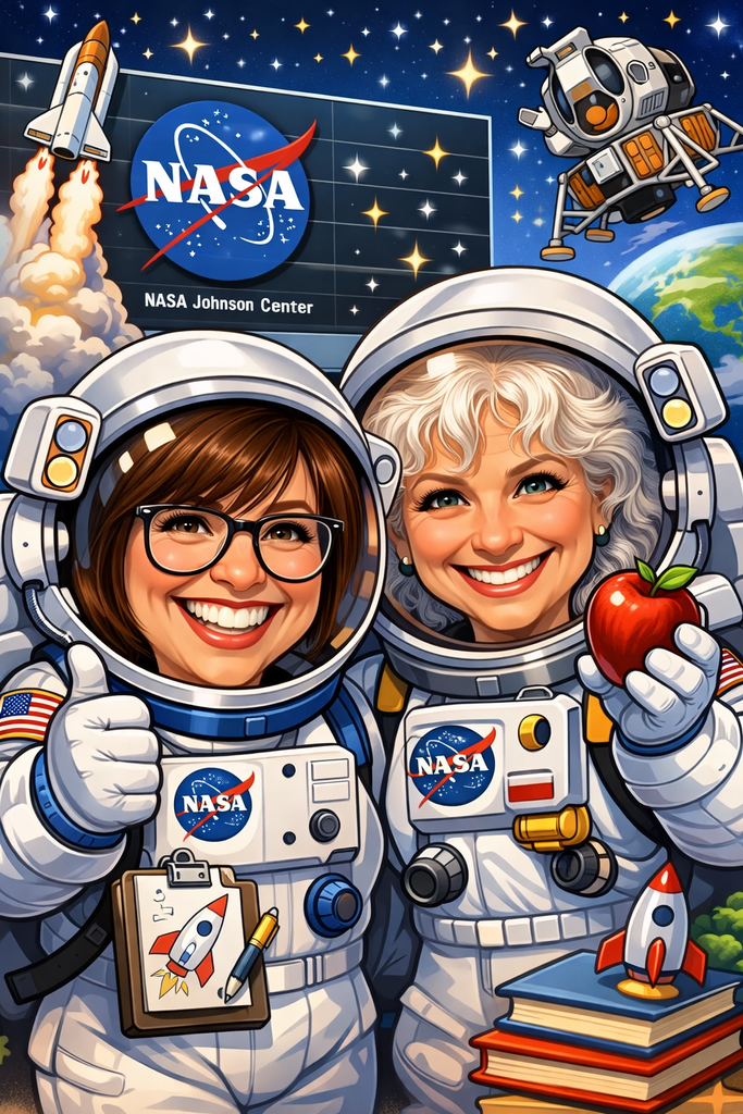 Caricature of Renee' Bearden and Jo Ann Womack as astronauts. 