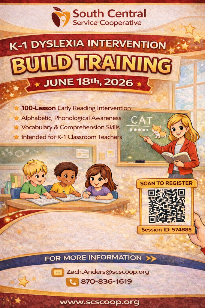 📚✨ K–1 Dyslexia Intervention BUILD Training ✨📚 Hosted by South Central Service Cooperative  Join us for an engaging professional development designed specifically for K–1 classroom teachers who want to strengthen early reading intervention skills and support struggling readers.  🗓 June 18, 2026  This training will focus on a 100-lesson early reading intervention program designed to help build strong foundational literacy skills through:  ⭐ Alphabetic & phonological awareness ⭐ Vocabulary development ⭐ Comprehension skills ⭐ Practical strategies you can immediately use in the classroom  ⚠️ Important: Participants must have the required BUILD materials/supplies in hand in order to fully participate in the training. Please make sure your supplies are ordered ahead of time so you’re ready to go!  🔗 Register here: https://www.escweb.net/ar_esc/catalog/session.aspx?session_id=574885  📩 Questions? Zach.Anders@scscoop.org  📞 870-836-1619  We look forward to supporting teachers as we work together to build strong readers from the very beginning! 🍎📖✨