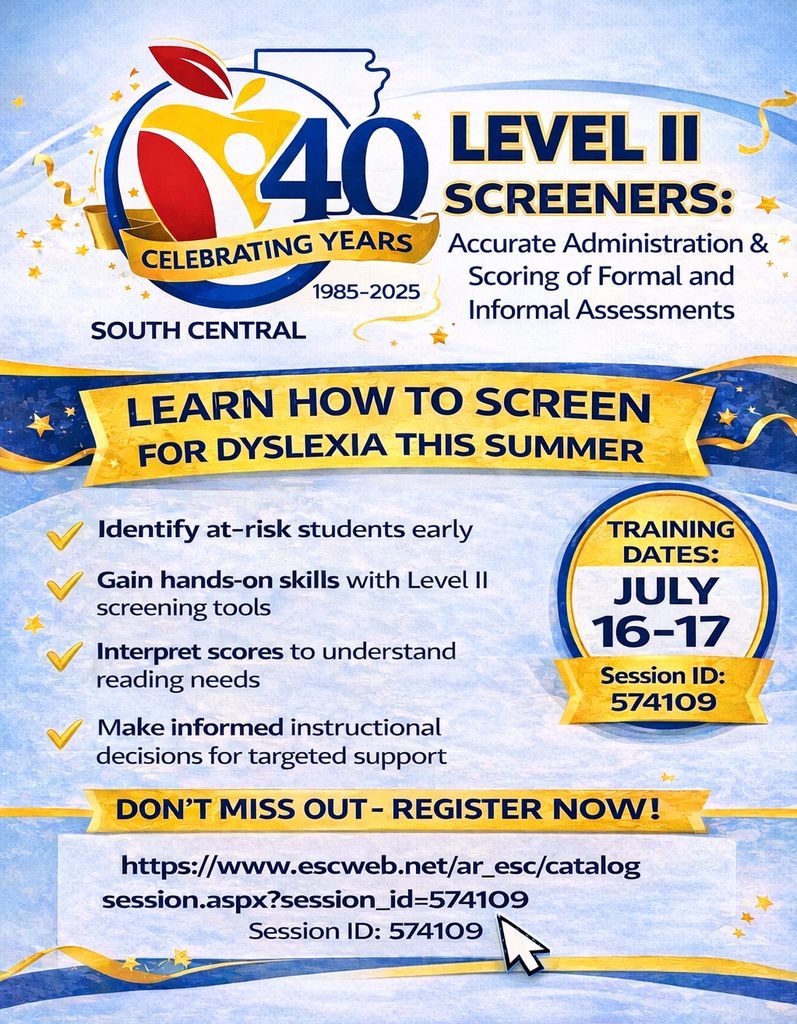 📚🔍 Learn How to Screen for Dyslexia This Summer! Join us July 16–17 for Level II Screener Training and gain the knowledge and confidence to accurately administer and interpret dyslexia screening assessments. This hands-on professional development session will help educators: ✔️ Understand how to access and administer Level II screeners ✔️ Learn how to interpret screening data and what it reveals about student reading needs ✔️ Connect screening results to characteristics of Dyslexia ✔️ Use screening data to make informed instructional and intervention decisions ✔️ Support the early identification of students who may need targeted reading support Participants will work with common Level II screening tools and leave with practical knowledge they can immediately apply in their schools and classrooms. 🗓 Training Dates: July 16–17 🆔 Session ID: 574109 🔗 Register here: https://www.escweb.net/ar_esc/catalog/session.aspx?session_id=574109 ⚠️ Don’t miss this opportunity to strengthen your dyslexia screening practices and better support struggling readers!
