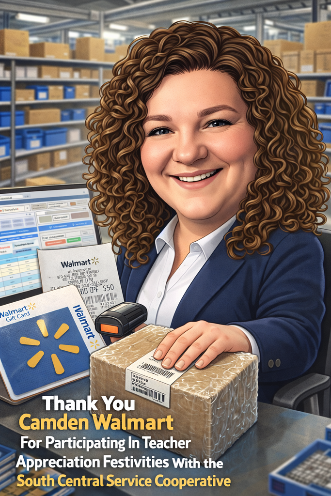 A colorful caricature-style illustration shows a smiling woman with curly brown hair wearing a navy blazer and white shirt, seated at a workstation in a warehouse setting. She holds a barcode scanner in one hand and rests the other on a packaged box with a shipping label. Behind her are shelves filled with boxes and storage bins, and a computer monitor displaying a spreadsheet. In the foreground, a Walmart gift card and receipt indicating a $50 amount are prominently displayed. Bold text at the bottom reads: “Thank You Camden Walmart For Participating in Teacher Appreciation Festivities With the South Central Service Cooperative.”
